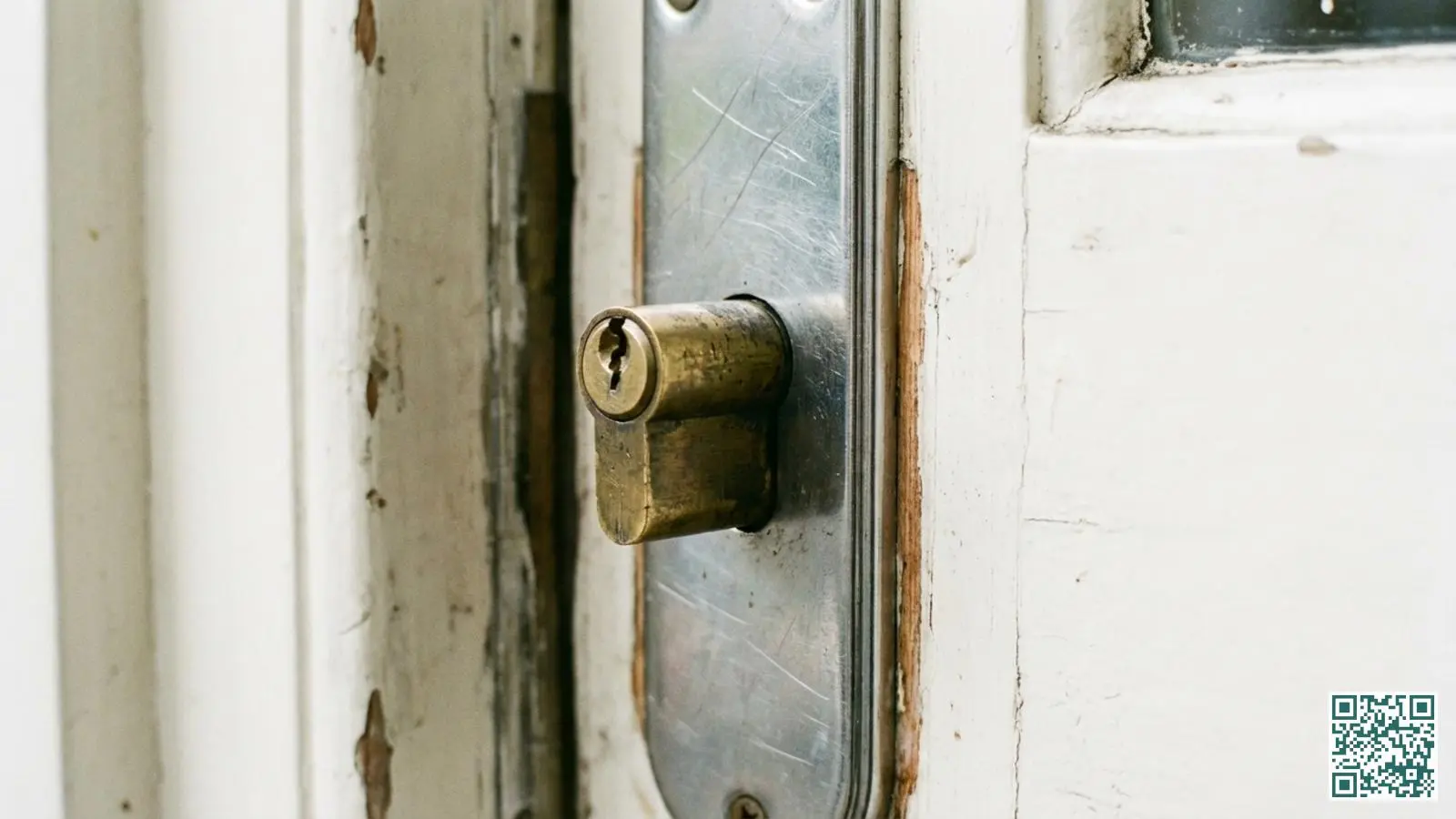 Close-up van een cilinderslot dat te ver uit het veiligheidsbeslag steekt op een witte voordeur wat een beveiligingsrisico vormt