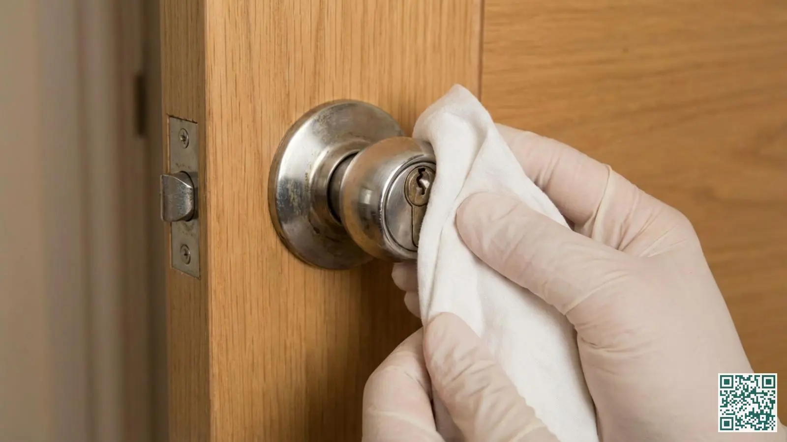 Handen reinigen een zilverkleurig cilinderslot met een droge witte doek voor goed onderhoud