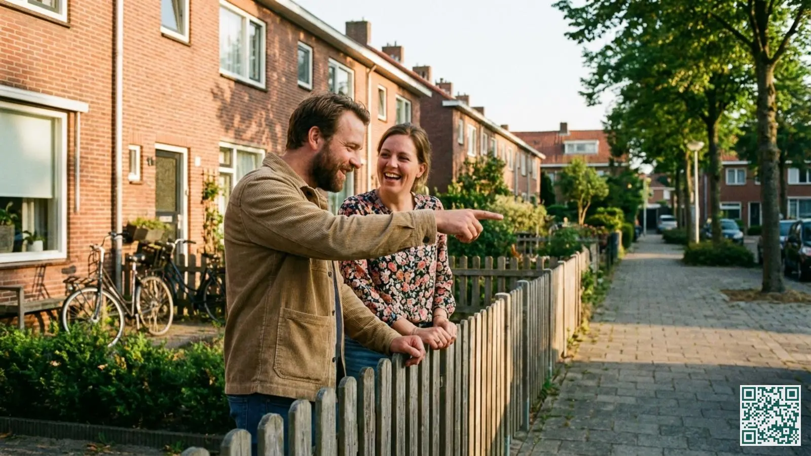Twee buren in gesprek bij een tuinhek in een Nederlandse woonwijk over buurtpreventie