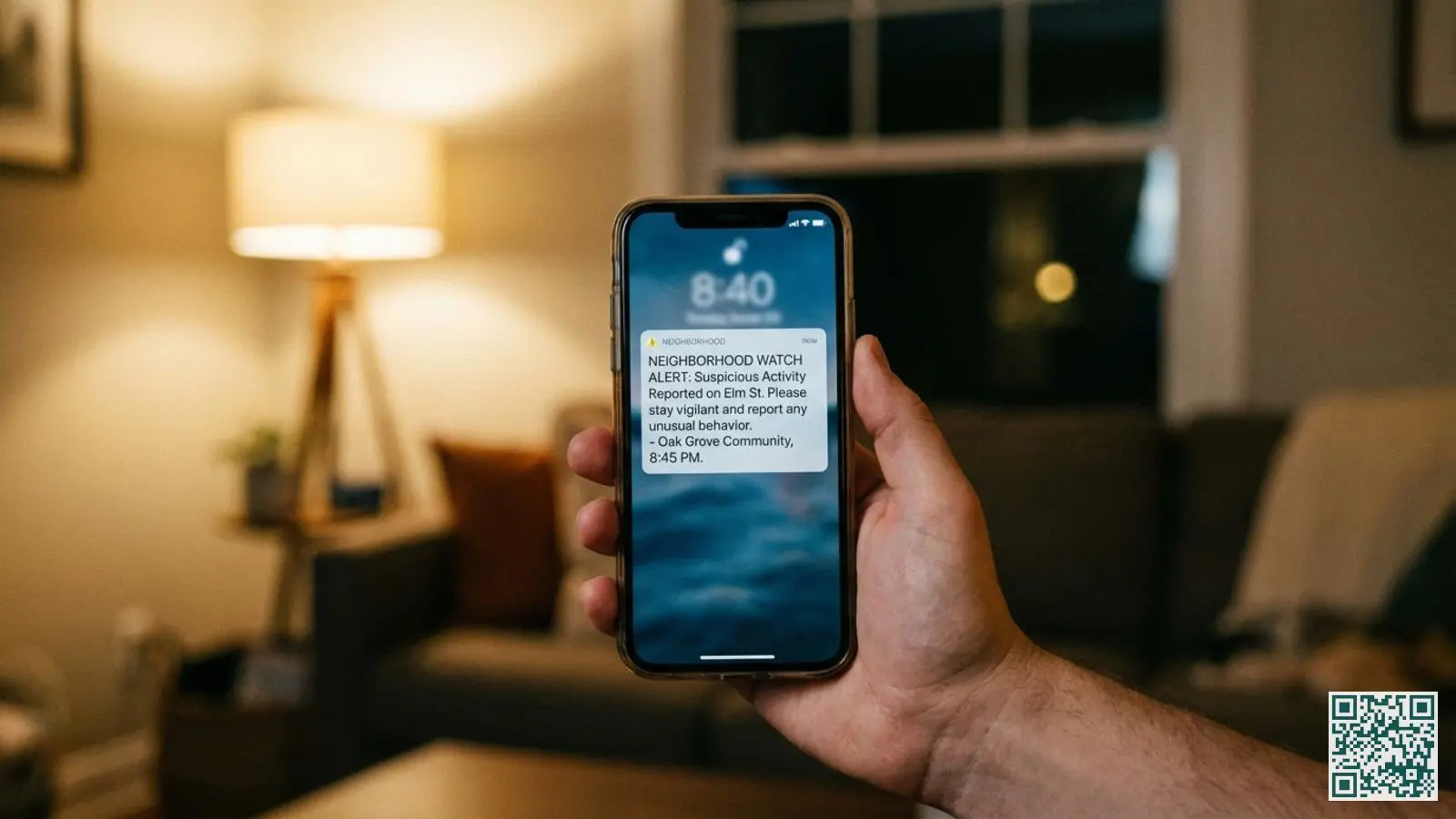 Smartphone met Burgernet melding wordt gelezen in een huiskamer tijdens de avond