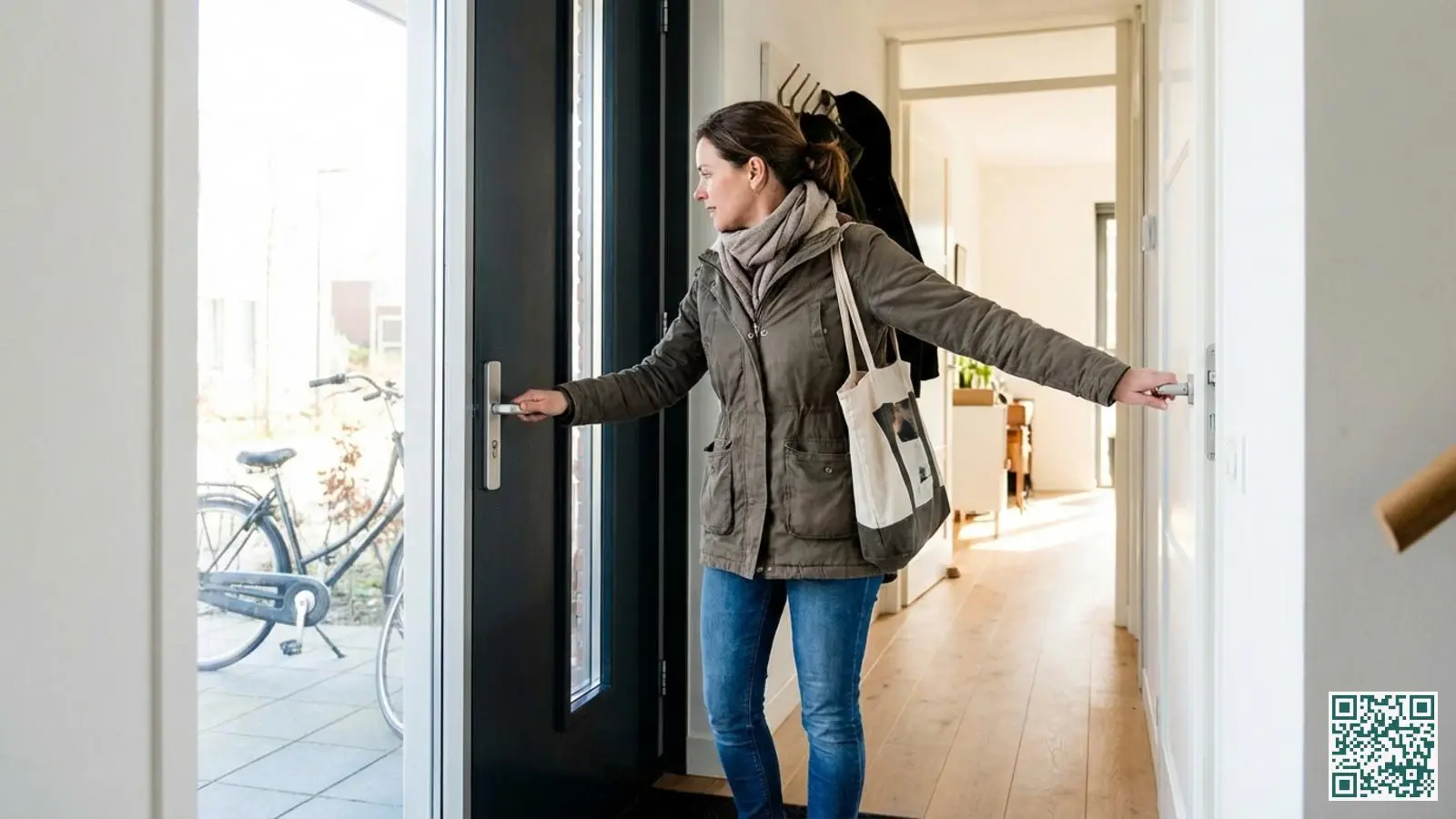 Vrouw in casual kleding controleert de voordeur en het raam van haar woning voordat ze vertrekt