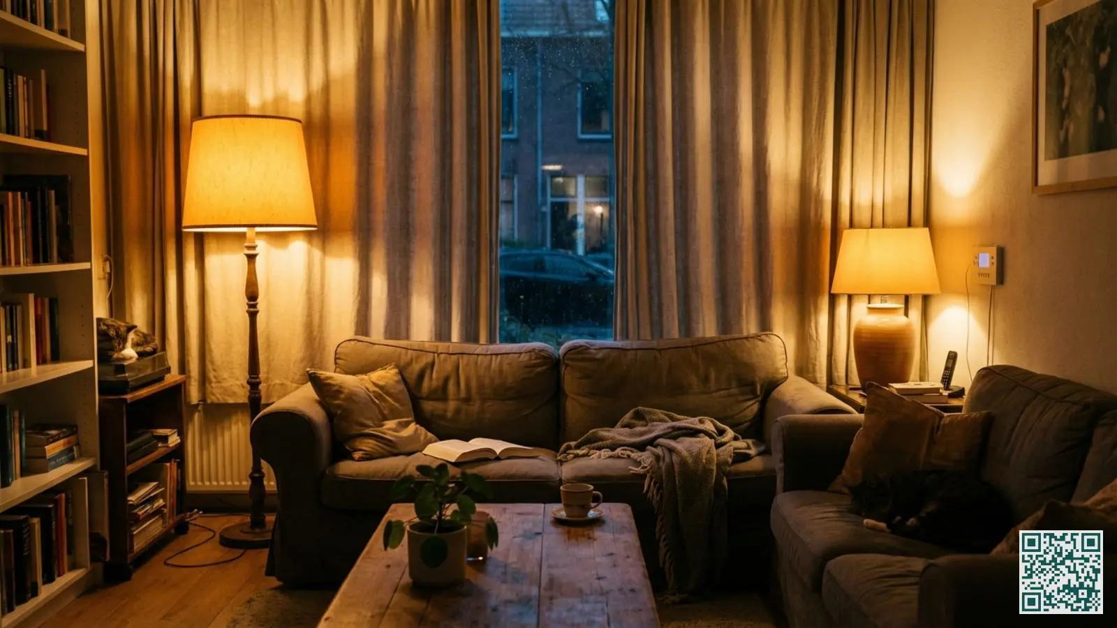 Gezellige woonkamer in de avond met automatische verlichting aan waardoor de ruimte bewoond lijkt