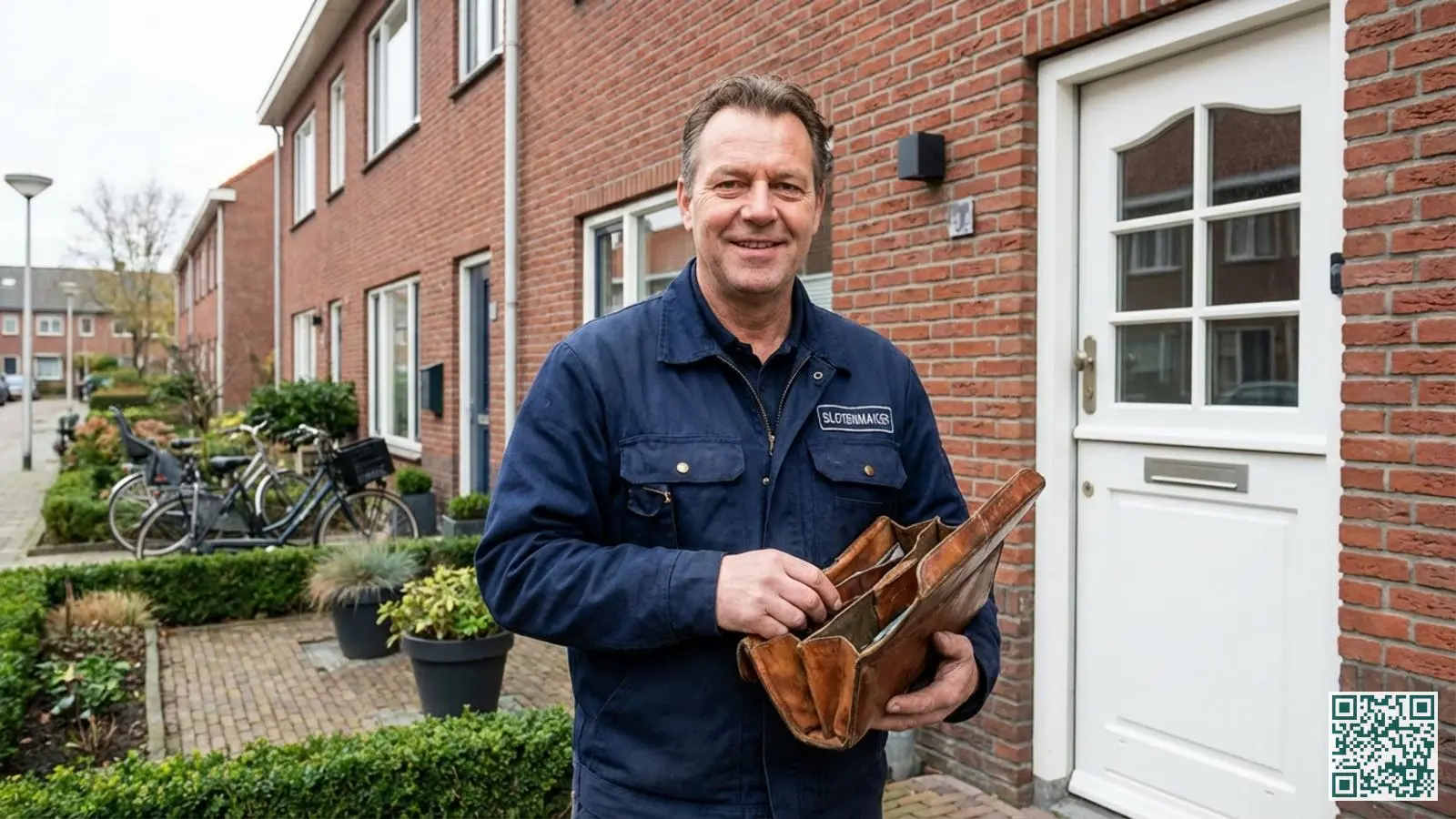 Professionele slotenmaker in werkkleding met gereedschapstas staat klaar bij een witte Nederlandse voordeur