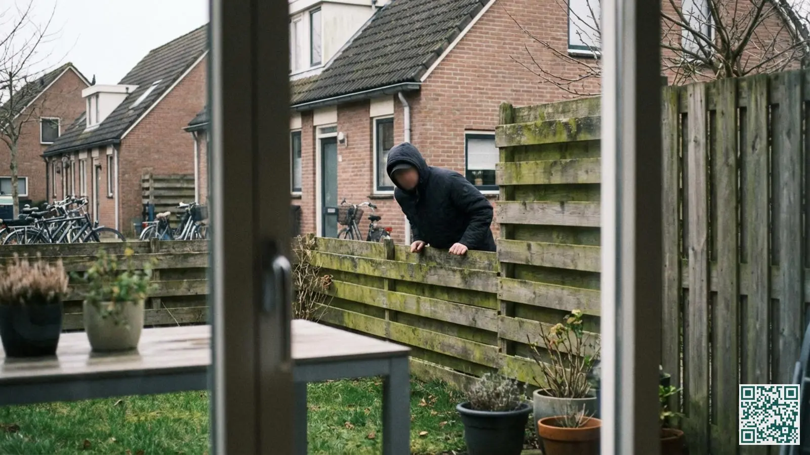 Verdacht persoon in donkere kleding kijkt over een houten schutting naar een achtertuin