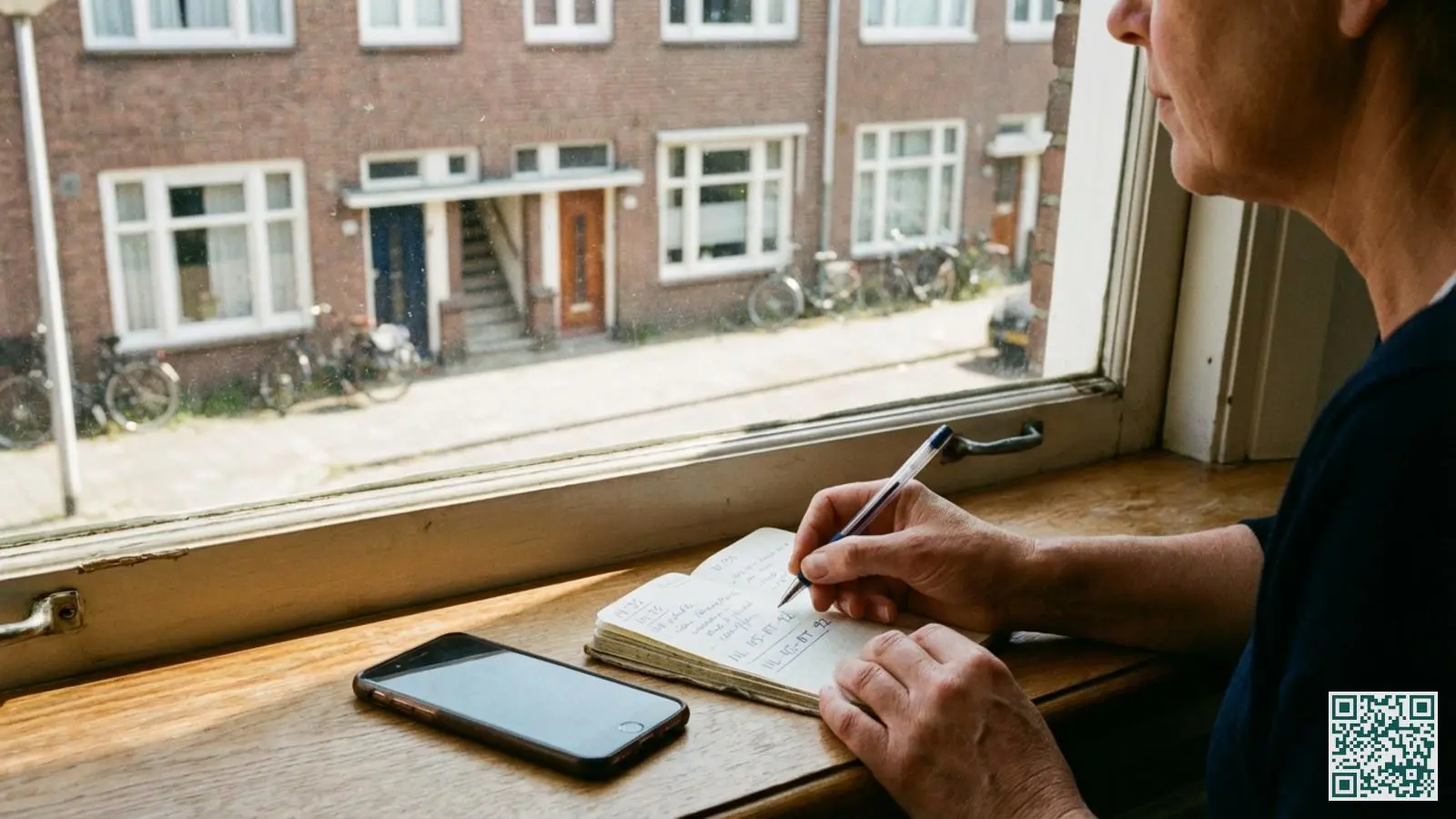 Handen noteren belangrijke details zoals kenteken en tijdstip in een notitieboekje bij het raam