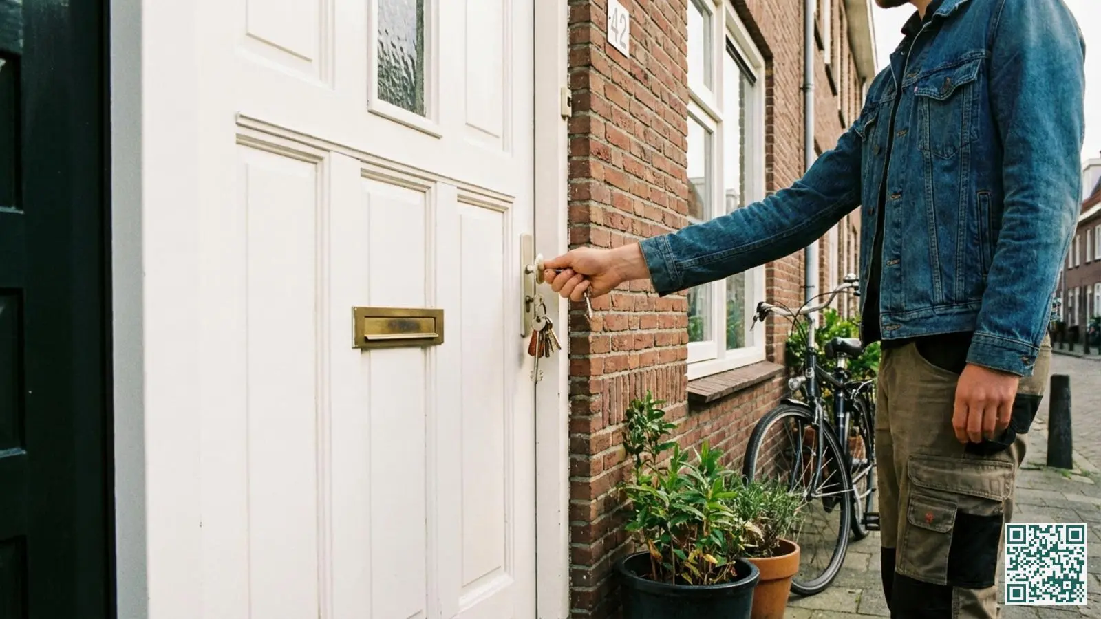 Persoon controleert en sluit de voordeur af bij vertrek uit een Nederlandse woning overdag