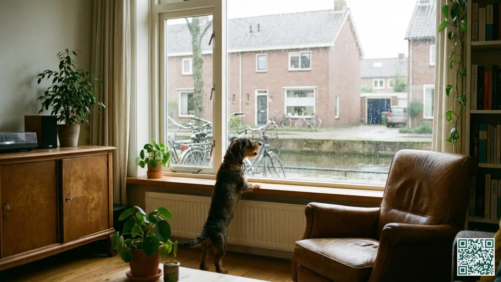 Hond staat blaffend bij het raam van een woonkamer en kijkt alert naar buiten
