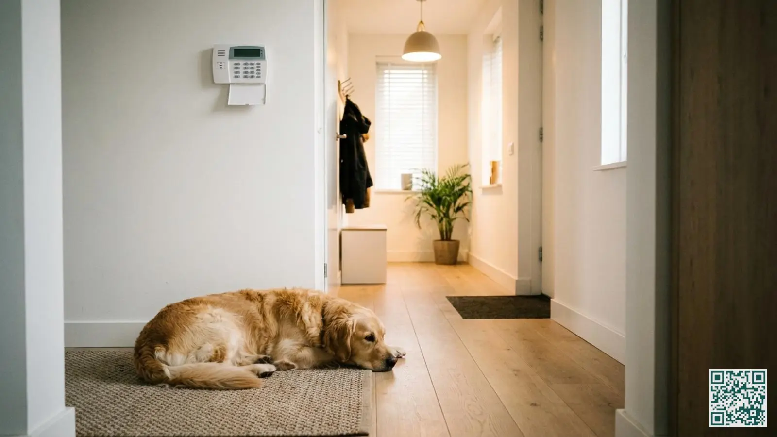 Rustige hond ligt in de hal naast een wit alarmpaneel aan de muur van een moderne woning