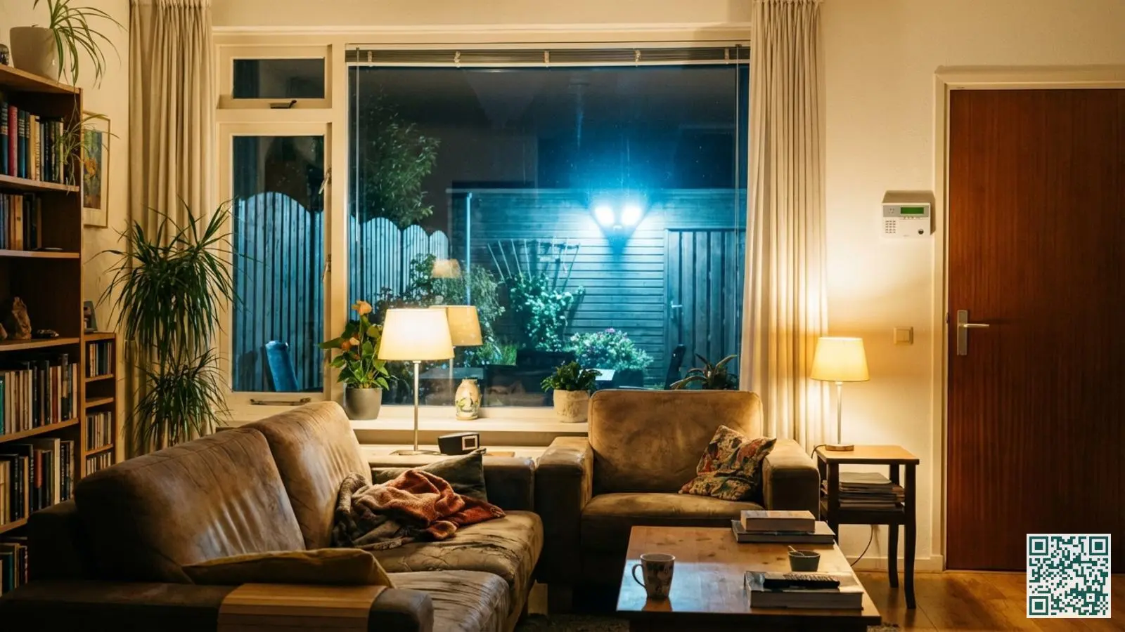 Nederlandse woonkamer met zichtbare beveiligingsmaatregelen en bewegingssensor buitenverlichting in de tuin