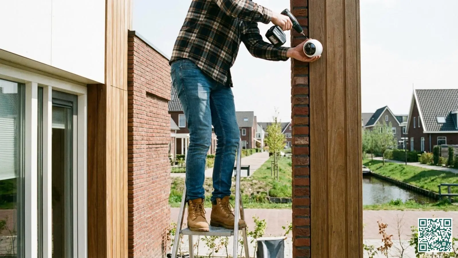 Persoon op ladder installeert draadloze beveiligingscamera aan de buitenmuur van een Nederlandse woning