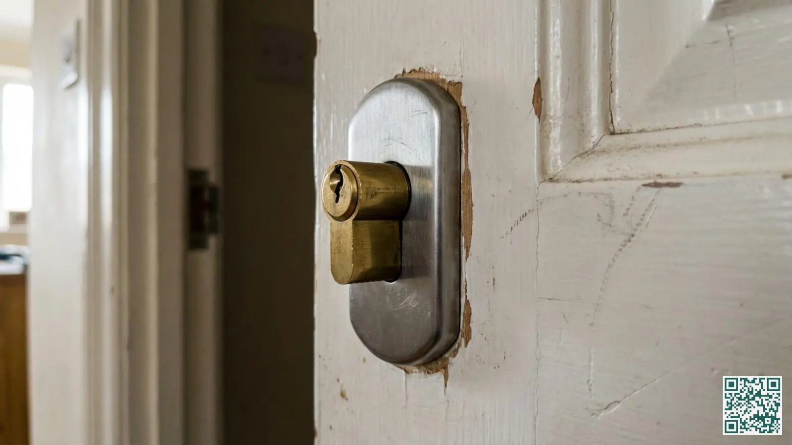 Close-up van een cilinderslot dat te ver uit het veiligheidsbeslag steekt op een witte houten deur