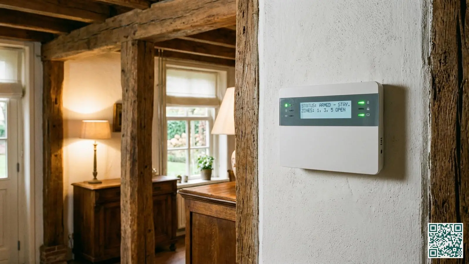 Modern draadloos alarmsysteem bedieningspaneel aan witte muur in gerenoveerde landelijke woning met houten balken