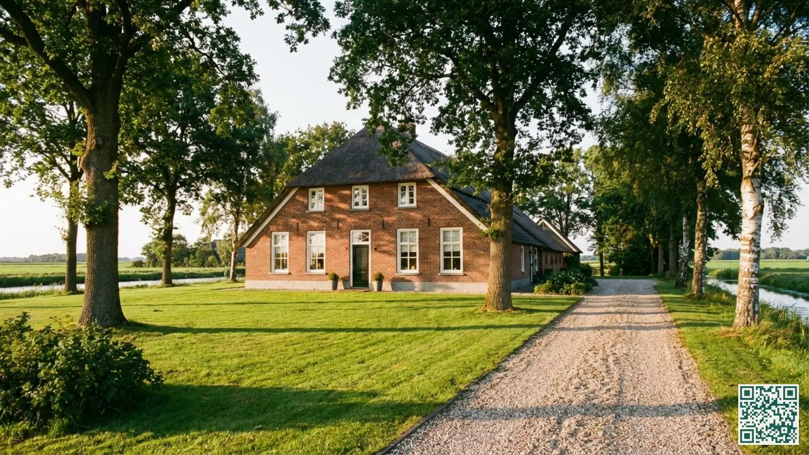 Traditionele Drentse boerderij met rode bakstenen en witte kozijnen in een groene landelijke omgeving met oprijlaan