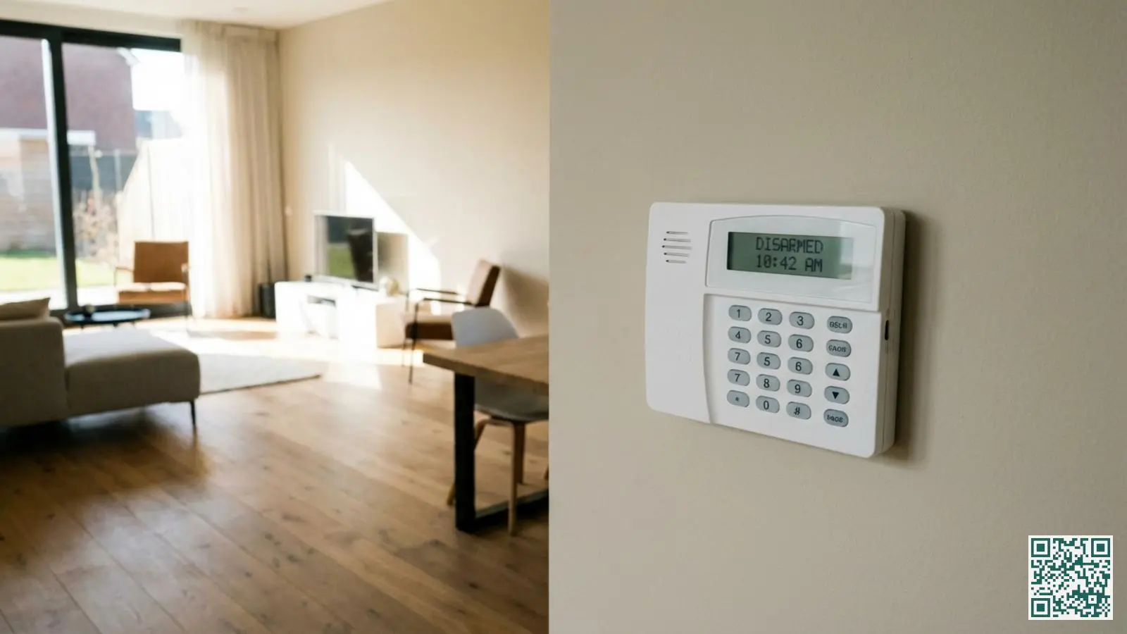 Draadloos alarmsysteem bedieningspaneel aan de muur gemonteerd in een moderne Nederlandse woonkamer met houten vloer