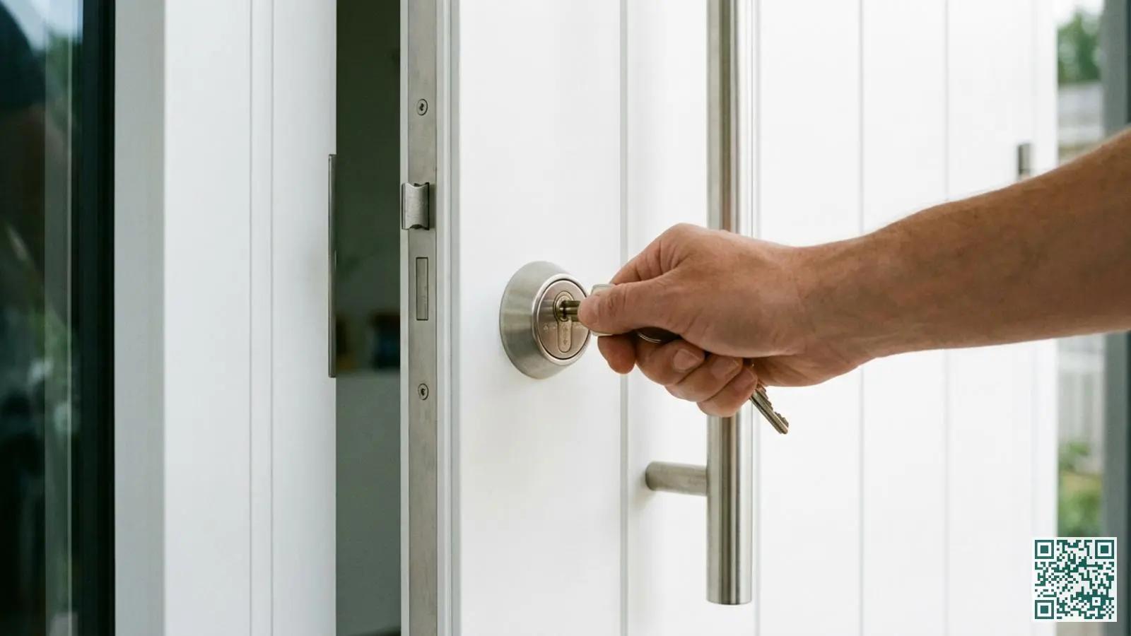 Close-up van een moderne witte voordeur met hoogwaardig cilinderslot en veiligheidsbeslag in een Nederlandse woning