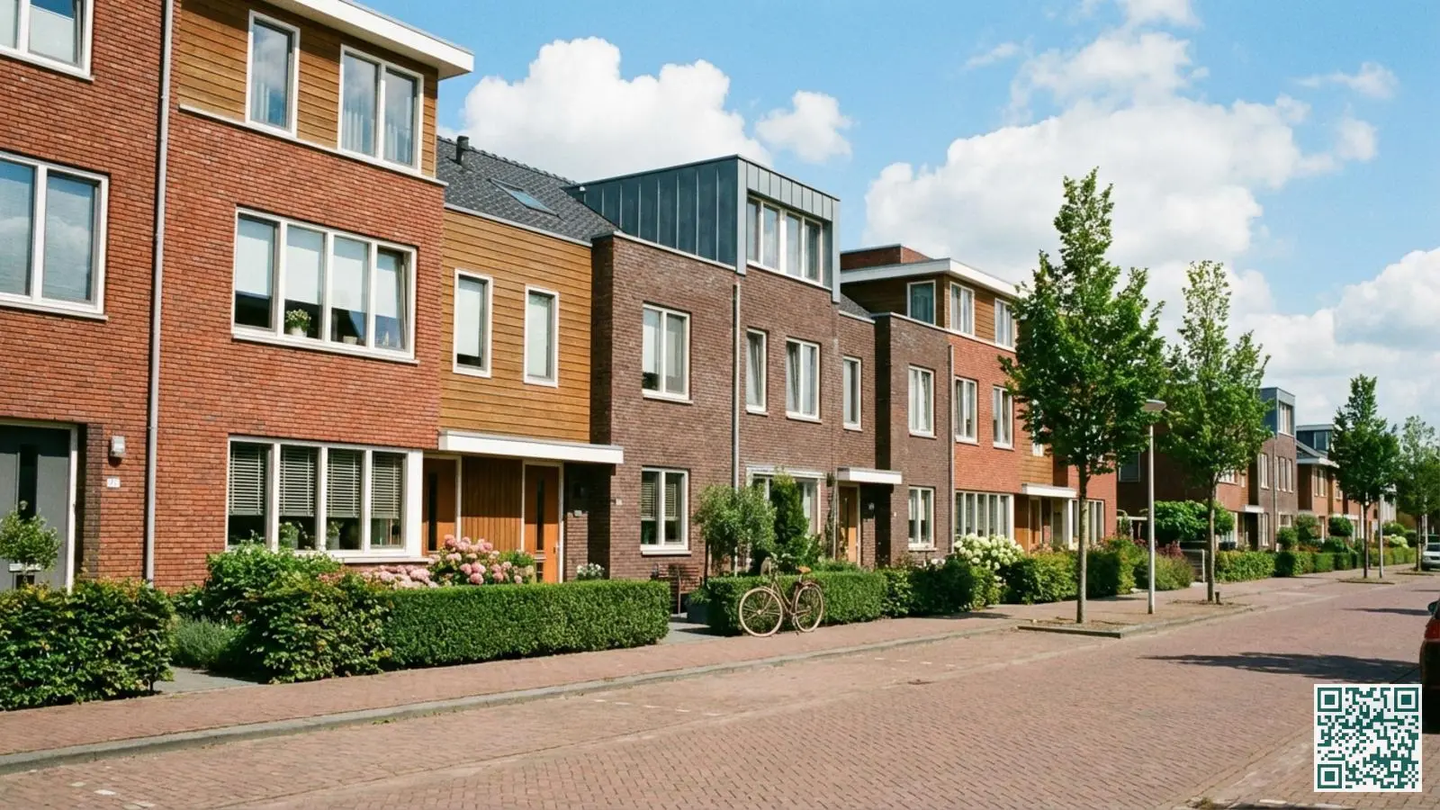 Moderne nieuwbouwwijk in Flevoland met hedendaagse rijtjeshuizen, nette voortuinen en jonge bomen langs de straat