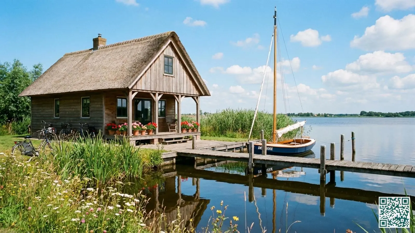 Friese vakantiewoning aan het water met houten steiger en aangemeerde zeilboot in zomerse setting