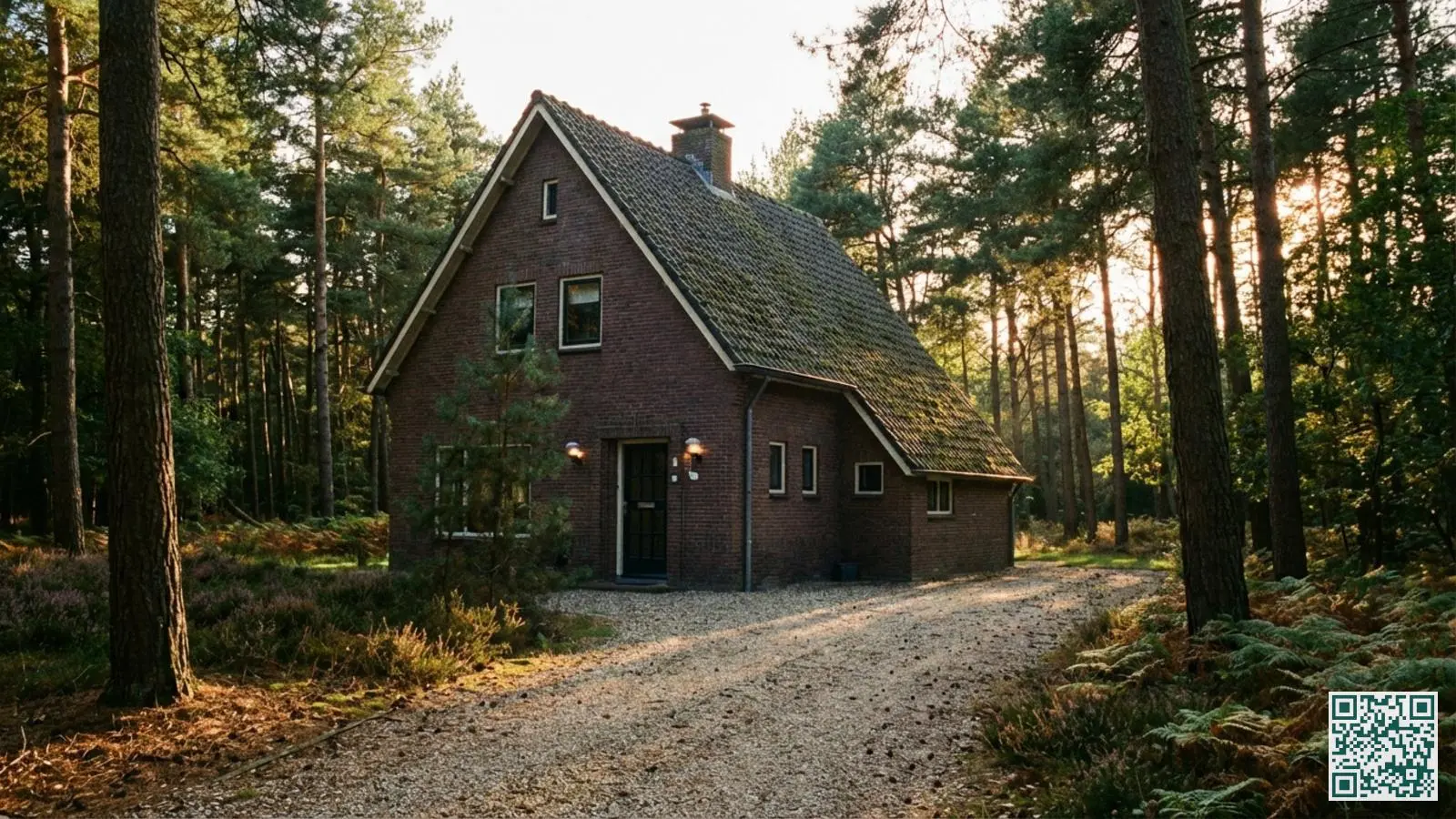 Vrijstaande bakstenen woning tussen dennenbomen op de Veluwe met bewegingssensoren bij de ingang