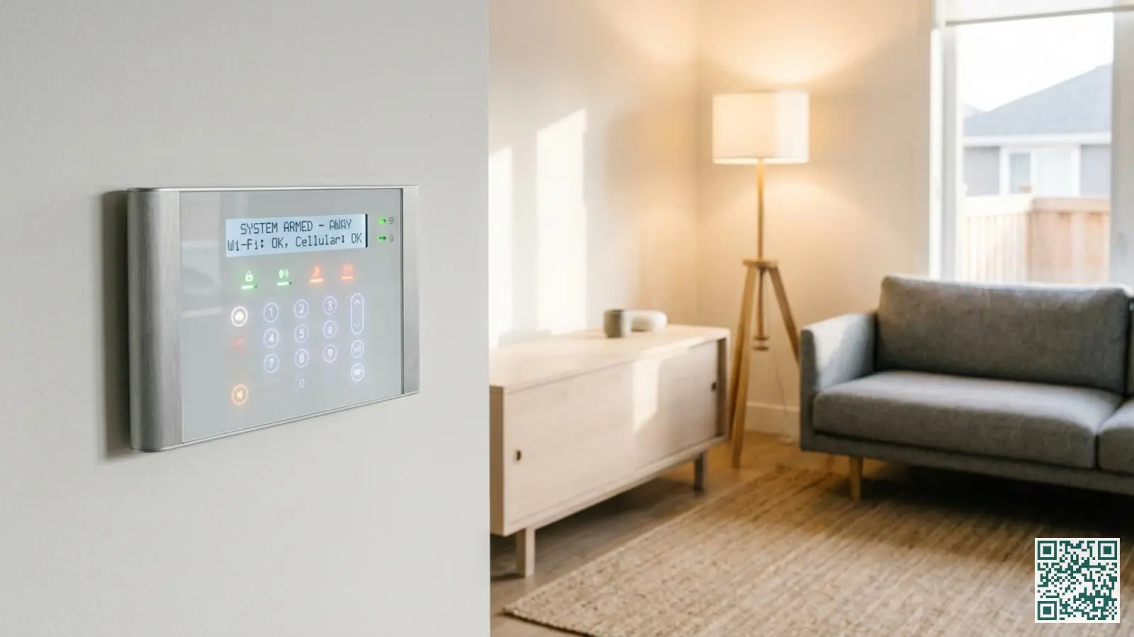 Modern draadloos alarmsysteem bedieningspaneel aan de muur in een lichte woonkamer met digitaal display