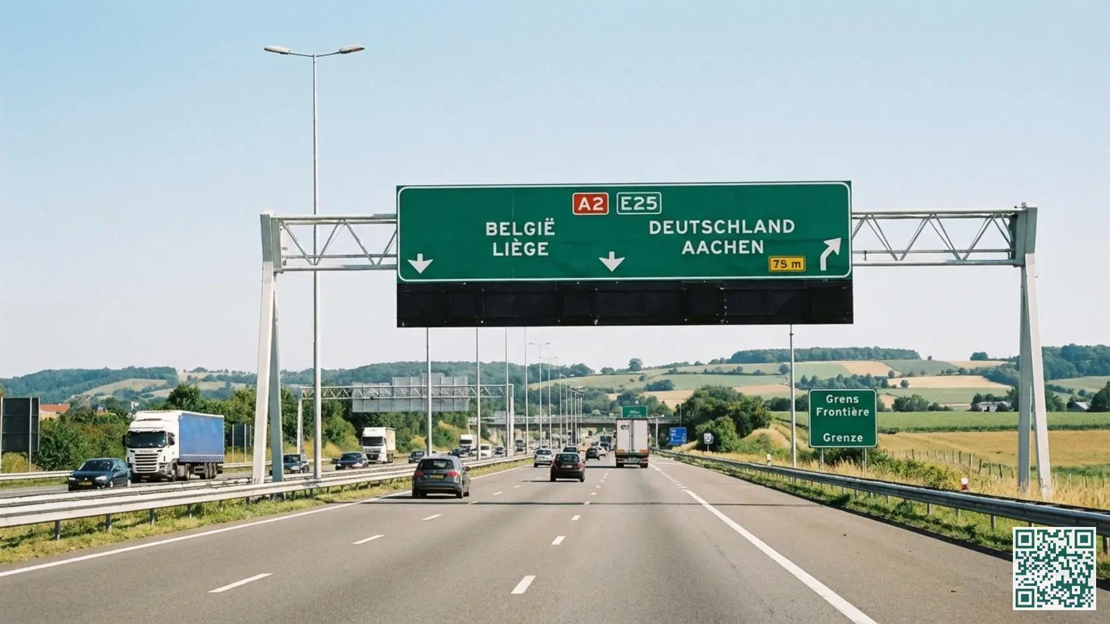 Nederlandse snelweg A2 in Limburg met verkeersborden die de richting naar België en Duitsland aangeven