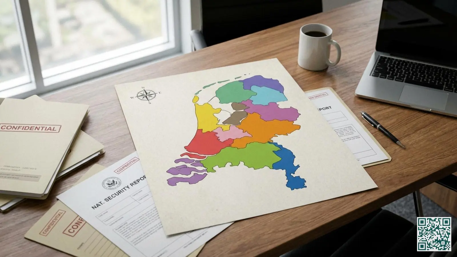 Overzichtskaart van Nederland met alle twaalf provincies in verschillende kleuren op een bureau met beveiligingsdocumenten