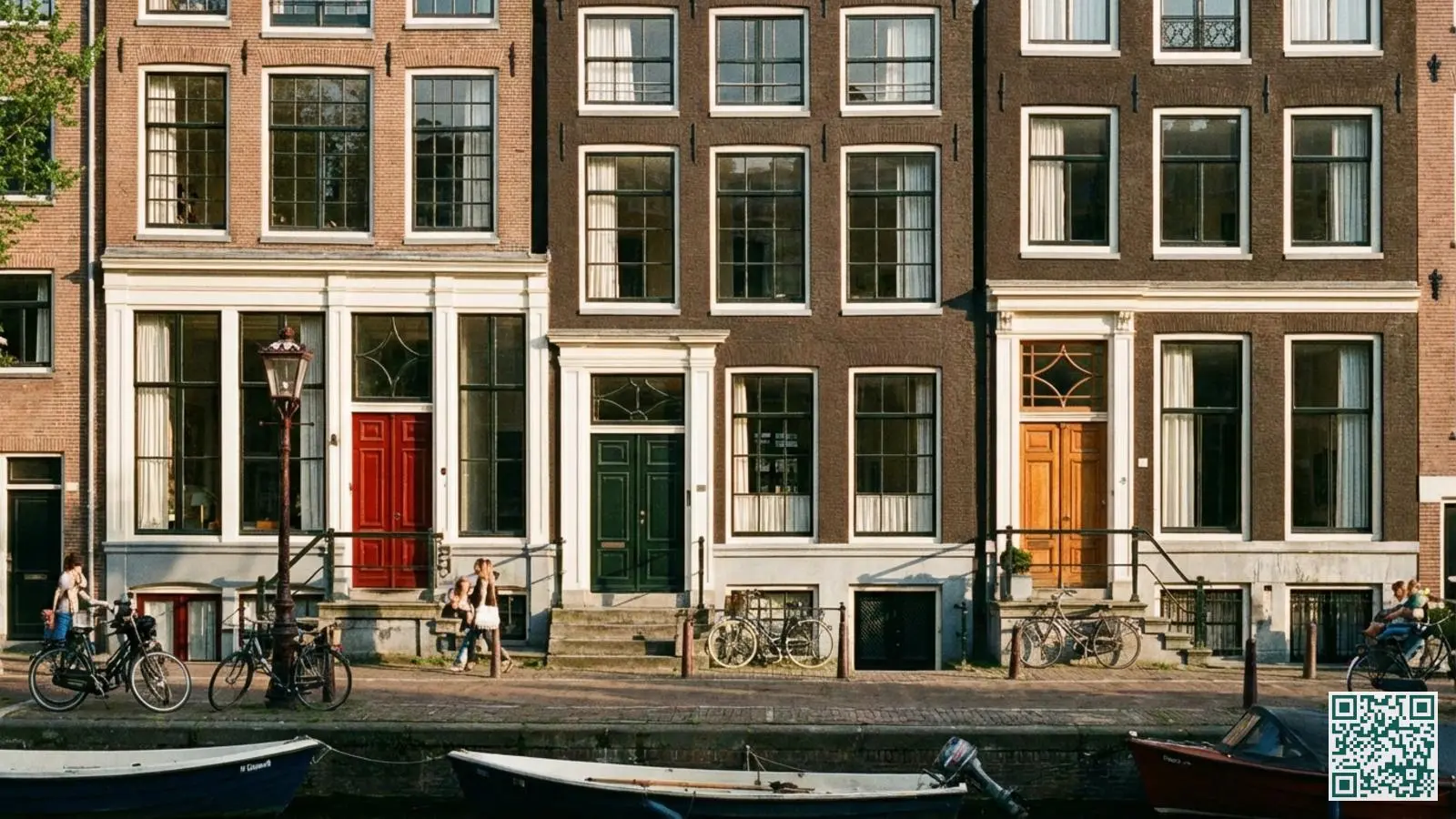 Rij Amsterdamse grachtenpanden met karakteristieke voordeuren en grote ramen aan een gracht in daglicht