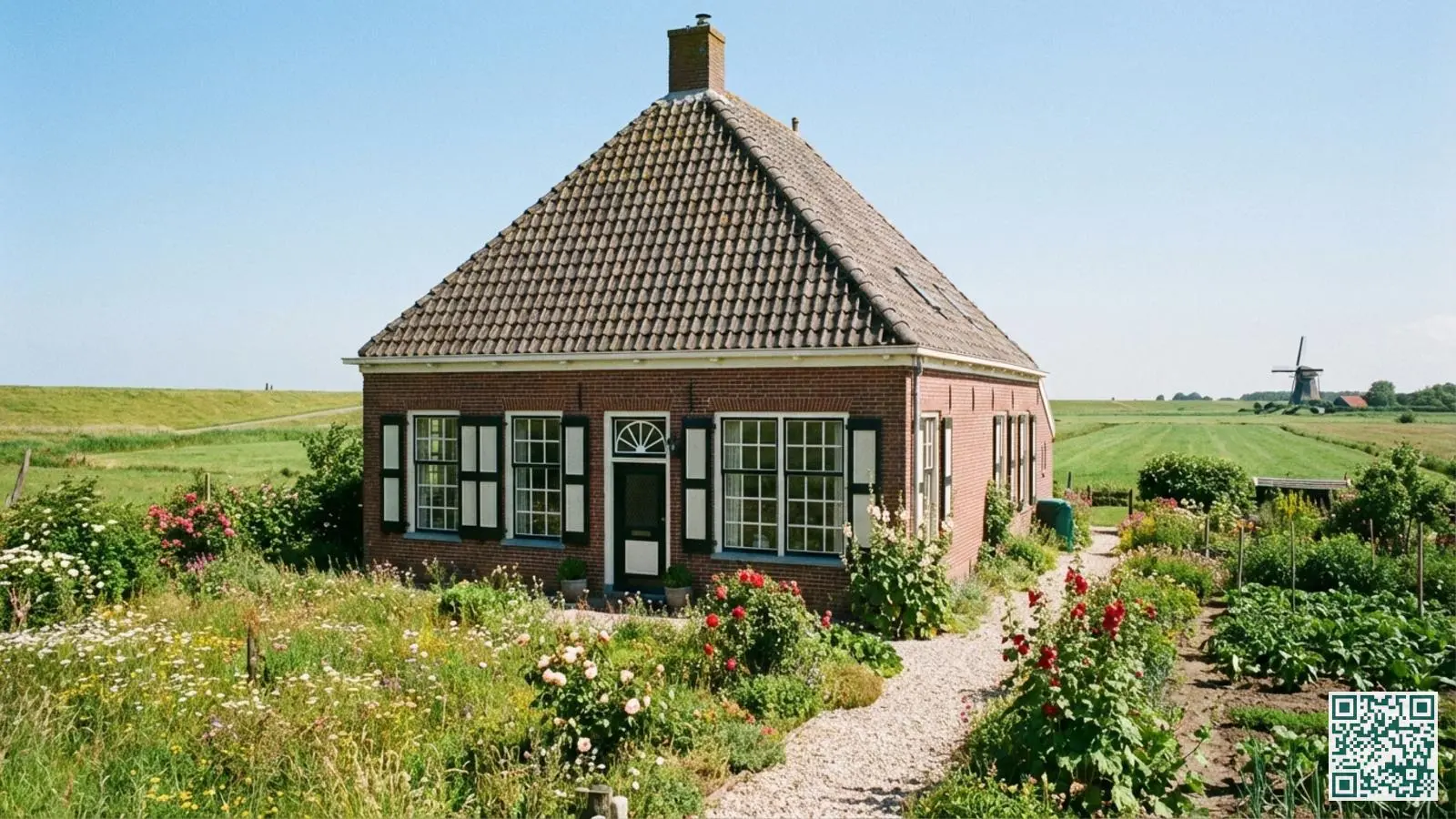 Traditionele vrijstaande woning in een Noord-Hollands dorp met rode bakstenen muren en groene tuin