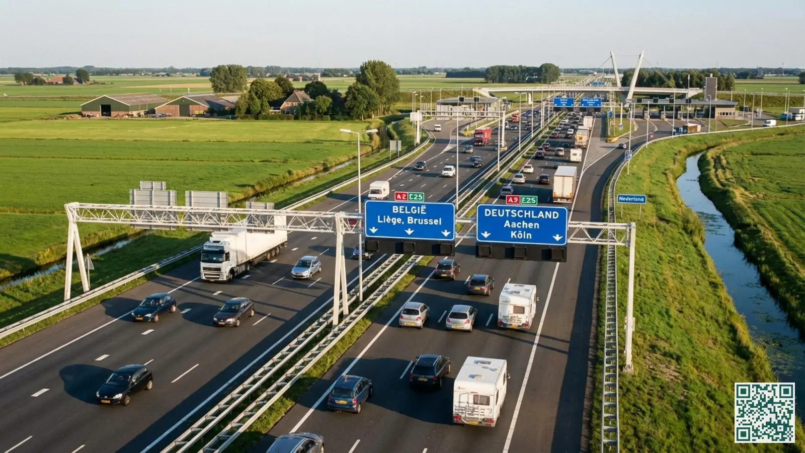 Nederlandse snelweg met verkeersborden richting België en Duitsland in een groene grensregio met doorgaand verkeer
