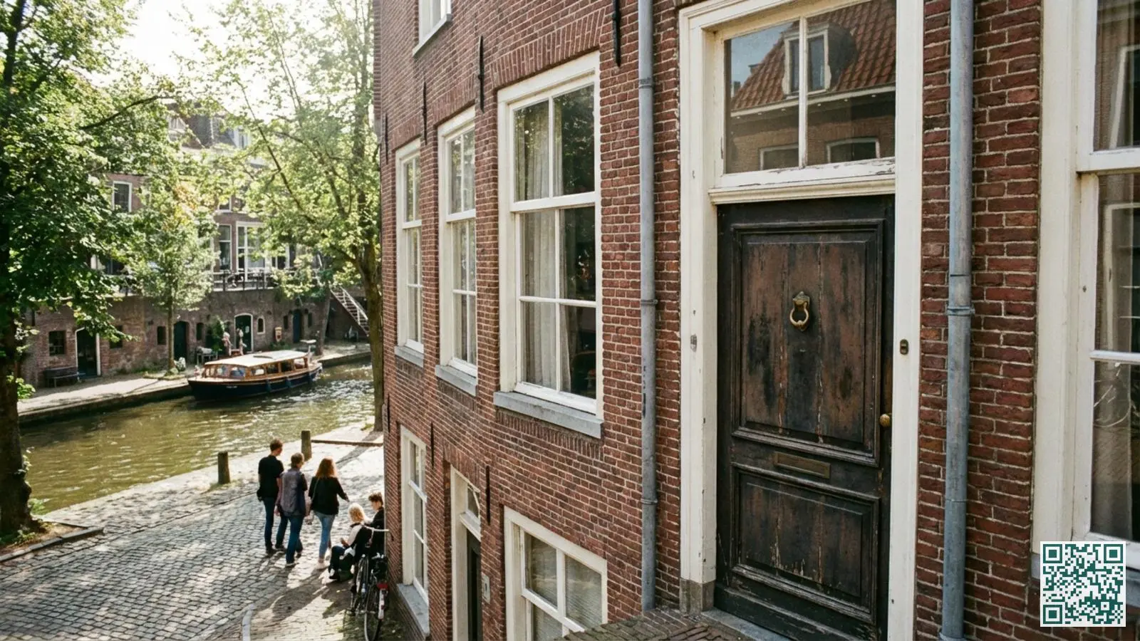 Historisch grachtenpand in Utrecht met klassieke houten voordeur en witte kozijnen aan de gracht