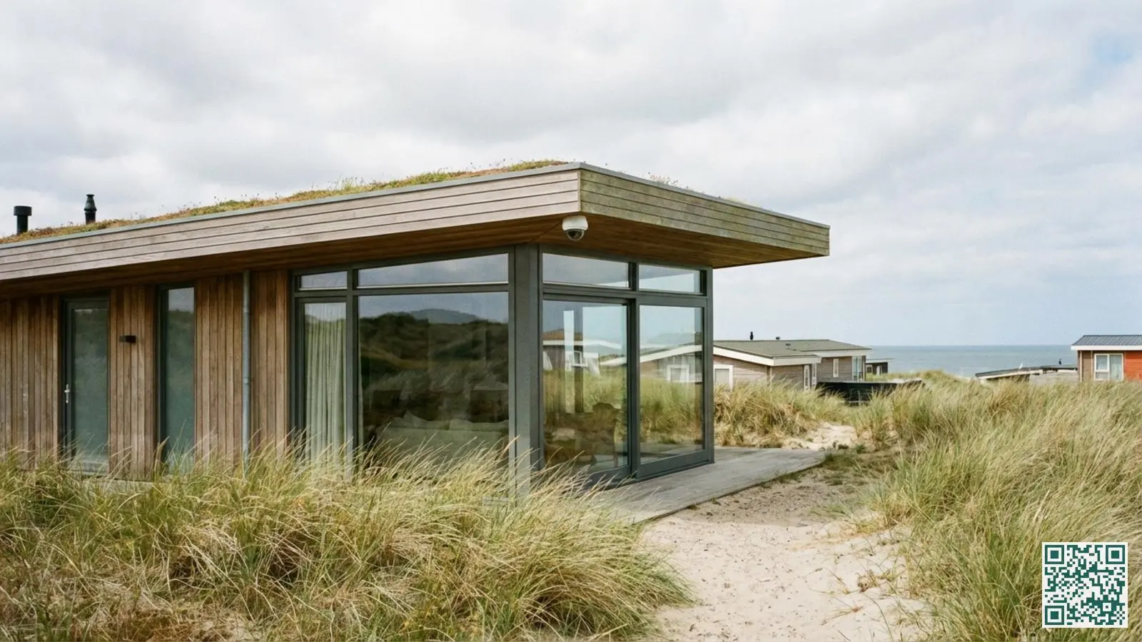 Moderne vakantiewoning aan de Zeeuwse kust met een discrete beveiligingscamera onder de dakrand gemonteerd