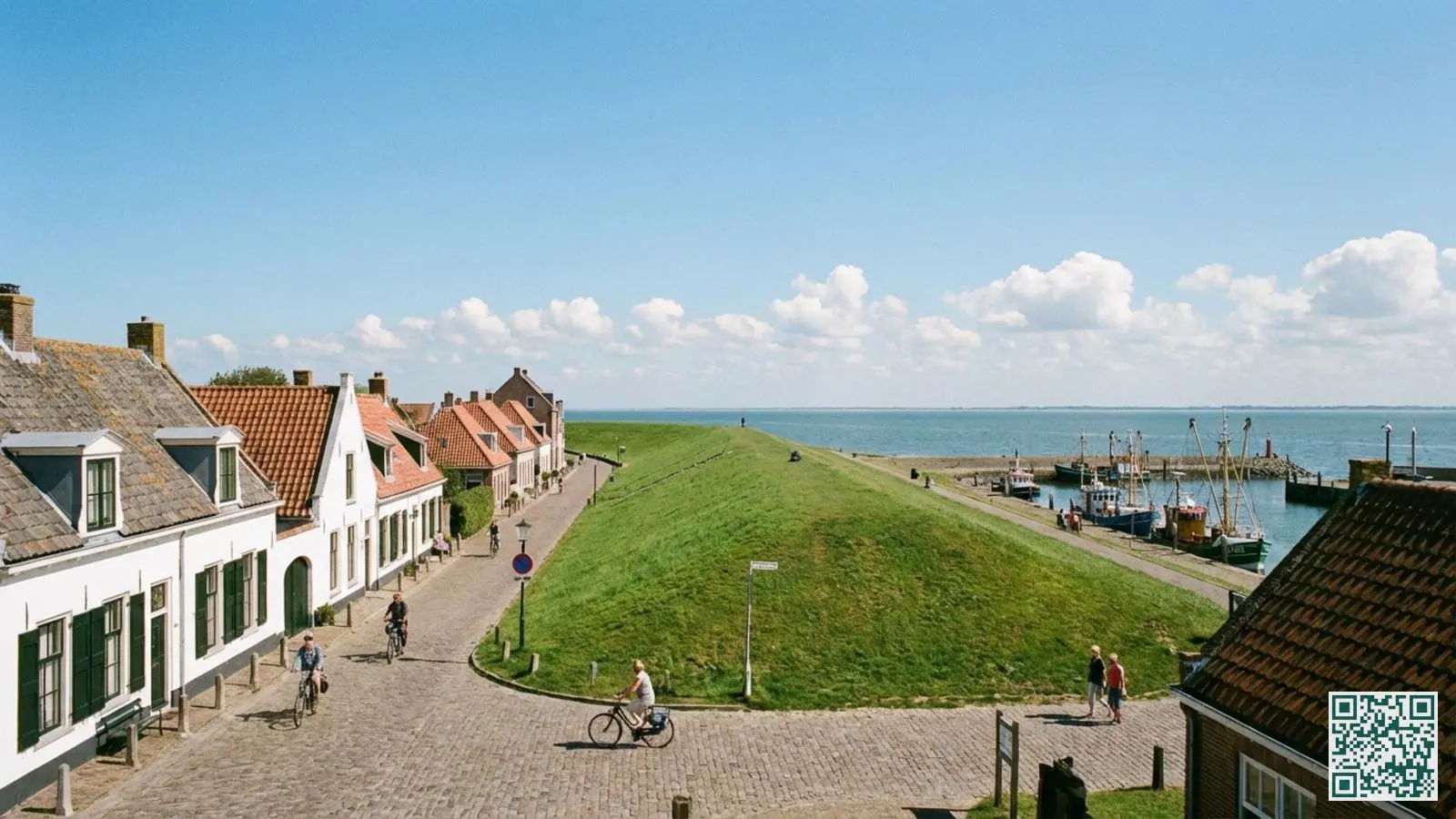 Traditioneel Zeeuws kustdorp met witte huizen en groene luiken langs een beschermende dijk met uitzicht op zee