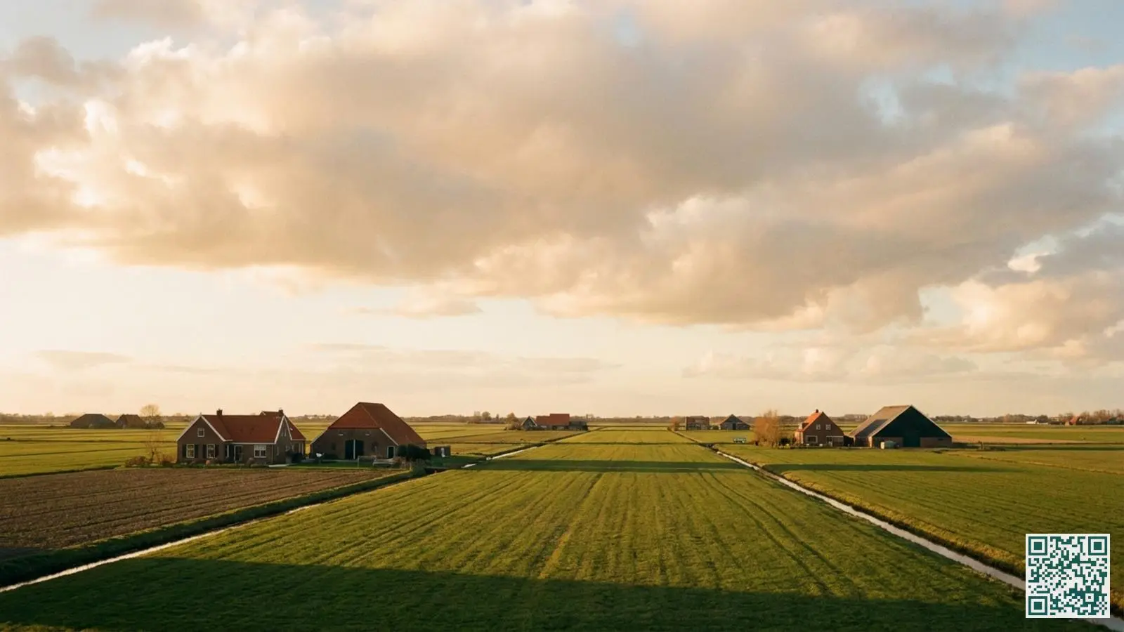 Weids Zeeuws polderlandschap met verspreide boerderijen en landbouwgrond onder een wijde hemel
