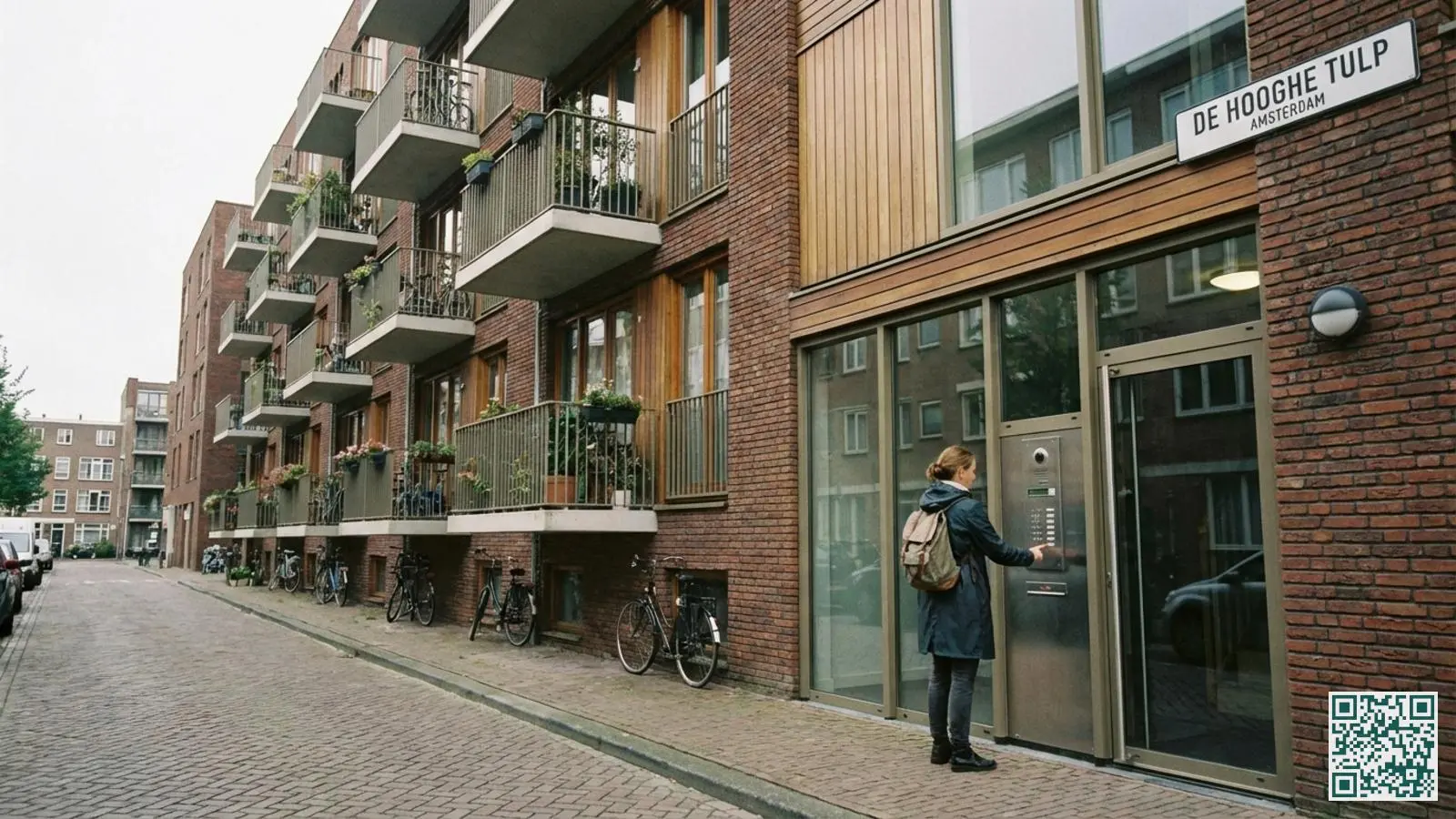 Moderne appartementencomplex ingang met beveiligde portiekdeur en video-intercom paneel waar bewoner aanbelt