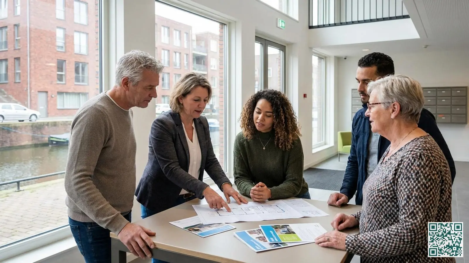 Groep appartementbewoners bespreekt collectieve beveiligingsmaatregelen tijdens een informele VvE-bijeenkomst in gemeenschappelijke ruimte
