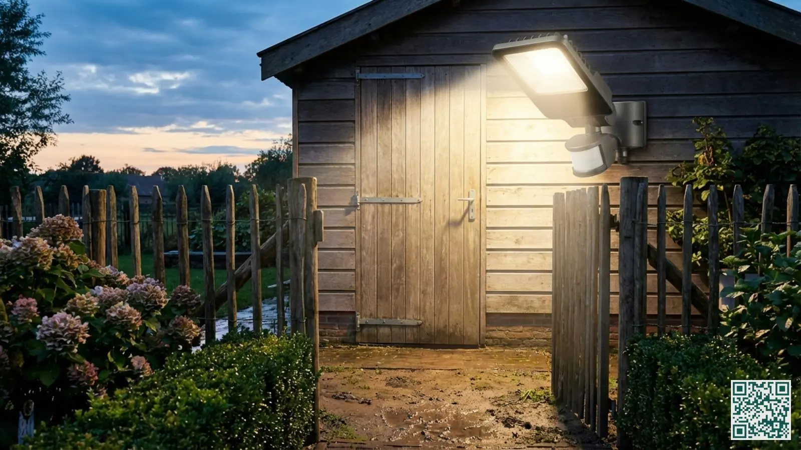 Bewegingssensor met ledverlichting gemonteerd naast een houten schuurdeur in een Nederlandse tuin bij schemering