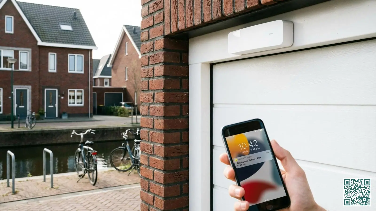 Draadloze deursensor op een witte garagedeur met smartphone op de voorgrond die een beveiligingsmelding toont