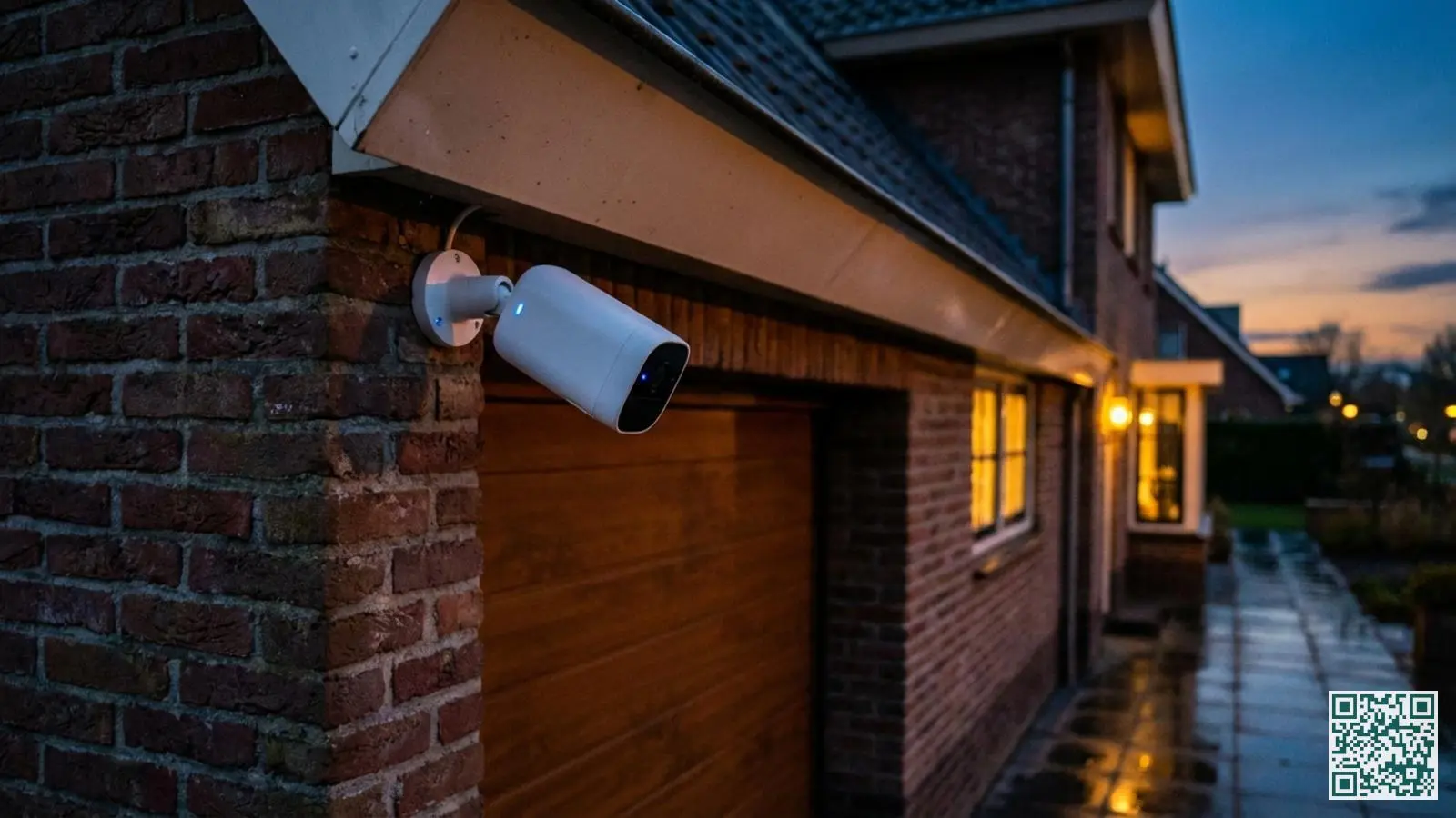 Witte beveiligingscamera gemonteerd onder de dakrand gericht op een garagedeur voor bewaking