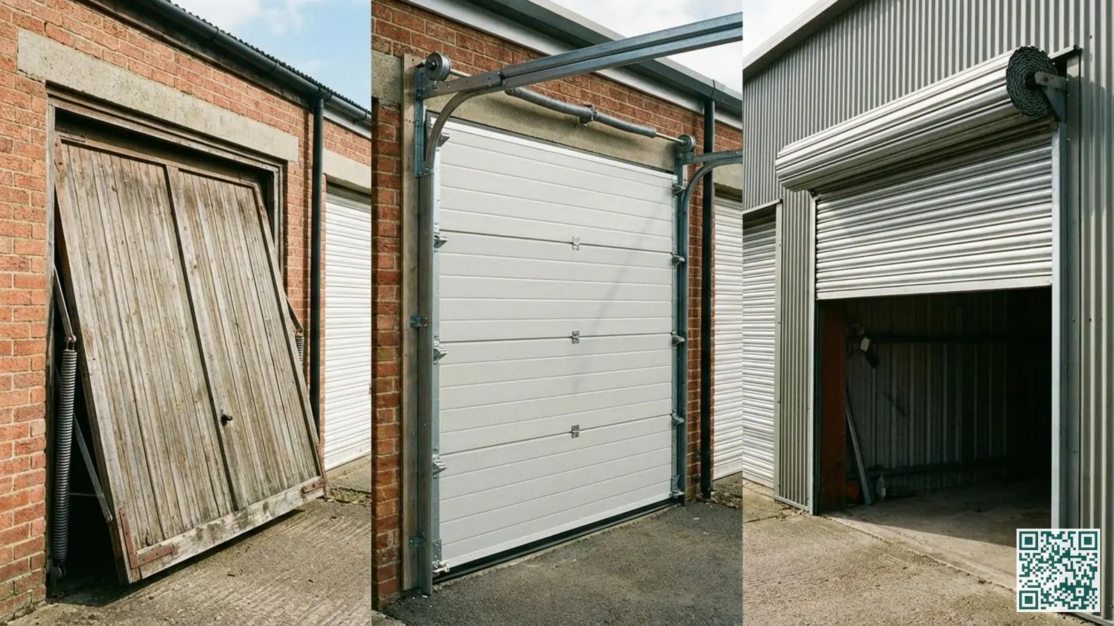 Vergelijking van drie verschillende garagedeurtypes naast elkaar: kanteldeur, sectionaaldeur en roldeur