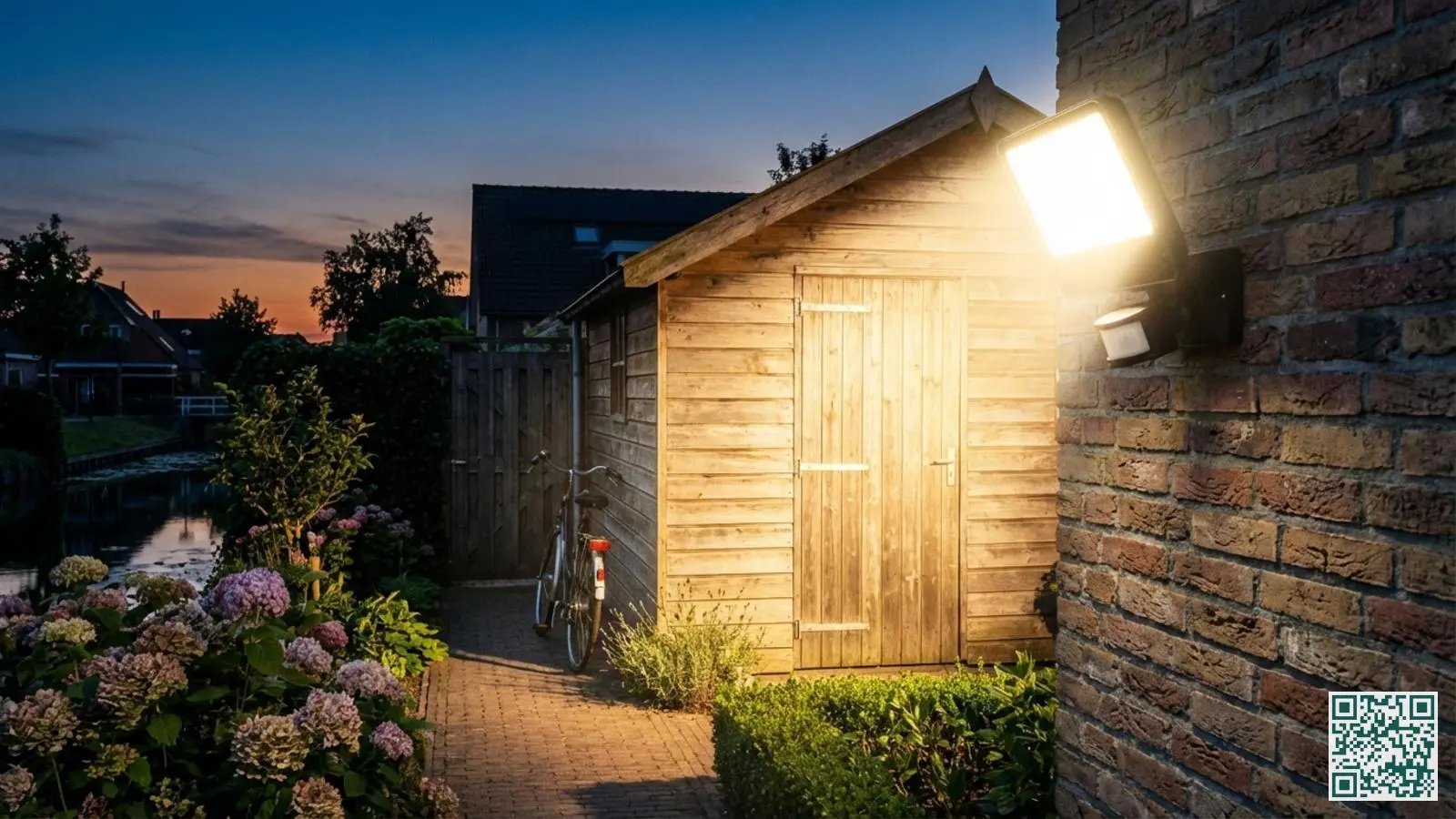 LED-buitenlamp met bewegingssensor verlicht een houten tuinschuur in de schemering in een Nederlandse tuin