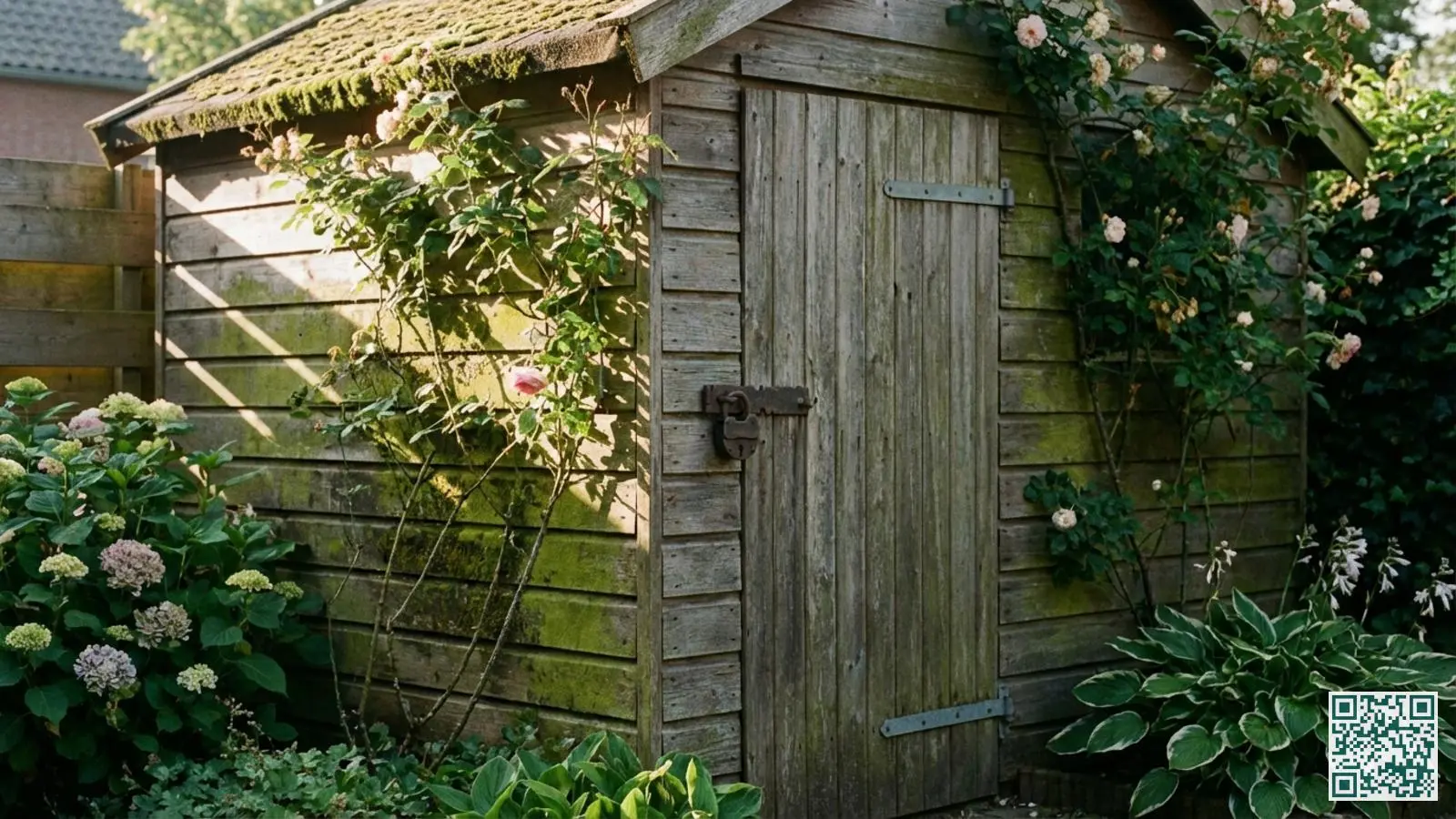 Houten tuinschuur in Nederlandse achtertuin met zichtbaar hangslot op de deur in ochtendlicht