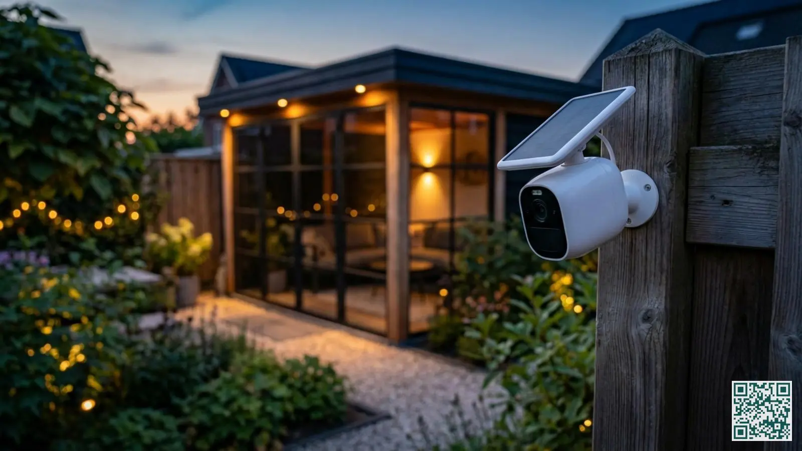 Draadloze buitencamera op een houten paal gemonteerd met zicht op een modern glazen tuinhuis in een Nederlandse tuin