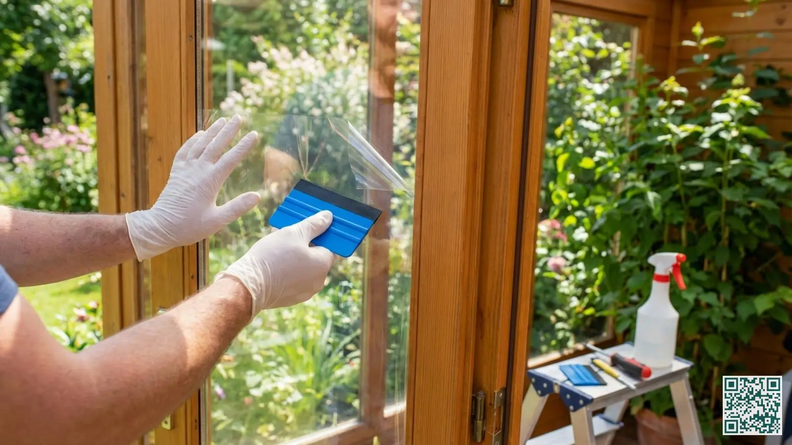 Handen brengen transparante veiligheidsfolie aan op een glazen tuinhuisdeur met een rakel