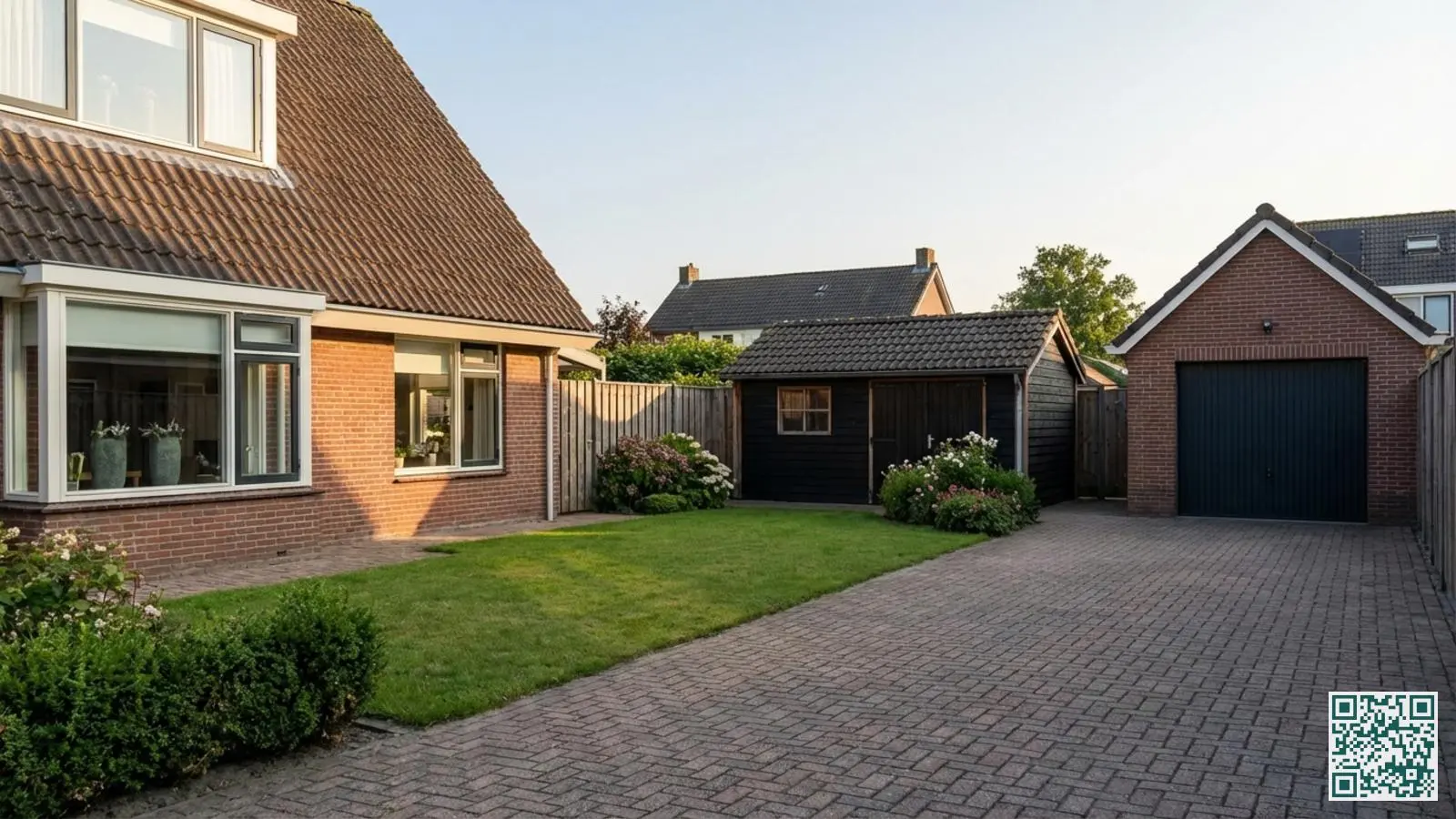 Nederlandse woning met vrijstaande garage aan de oprit en houten tuinschuur zichtbaar in de achtertuin