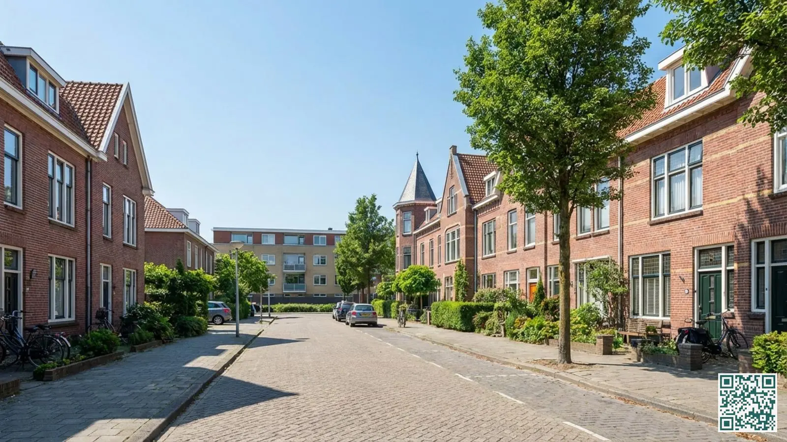 Nederlandse woonwijk met verschillende woningtypes waaronder rijtjeshuizen hoekwoning en appartementencomplex op een zonnige dag