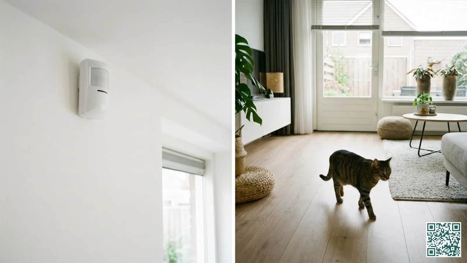 Witte PIR bewegingsmelder gemonteerd aan de muur met een kat die eronder door de woonkamer loopt