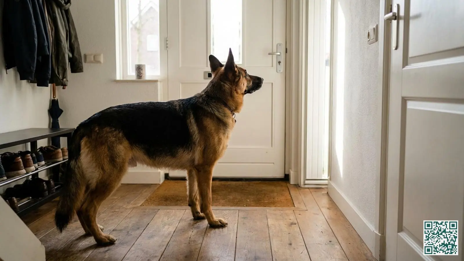 Alerte Duitse herder staat waaks bij de voordeur in een lichte hal met houten vloer