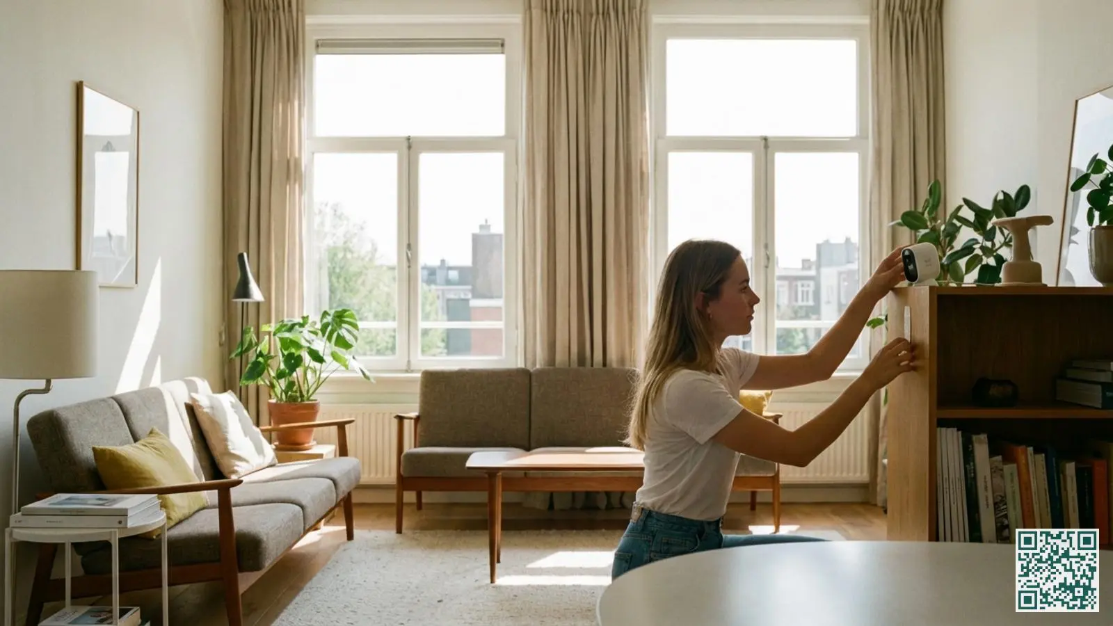 Jonge huurder plaatst een kleine draadloze beveiligingscamera op een plank in een moderne huurwoning zonder te boren