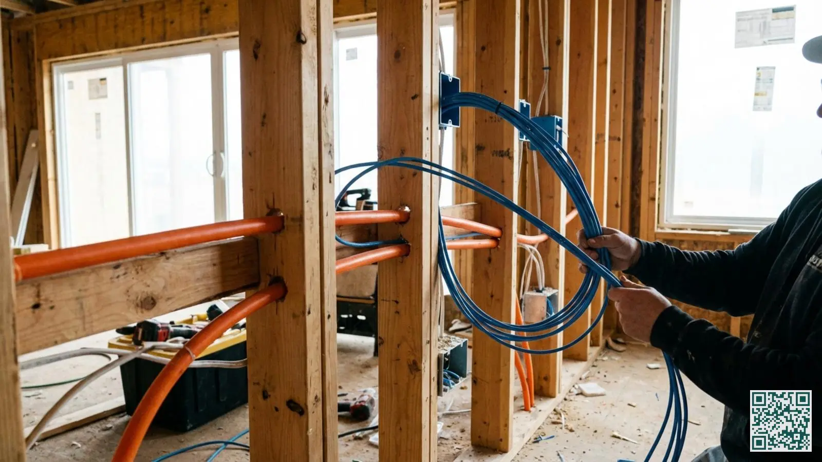 Elektricien installeert bekabeling voor alarmsysteem en camera's in een open muur tijdens nieuwbouwfase
