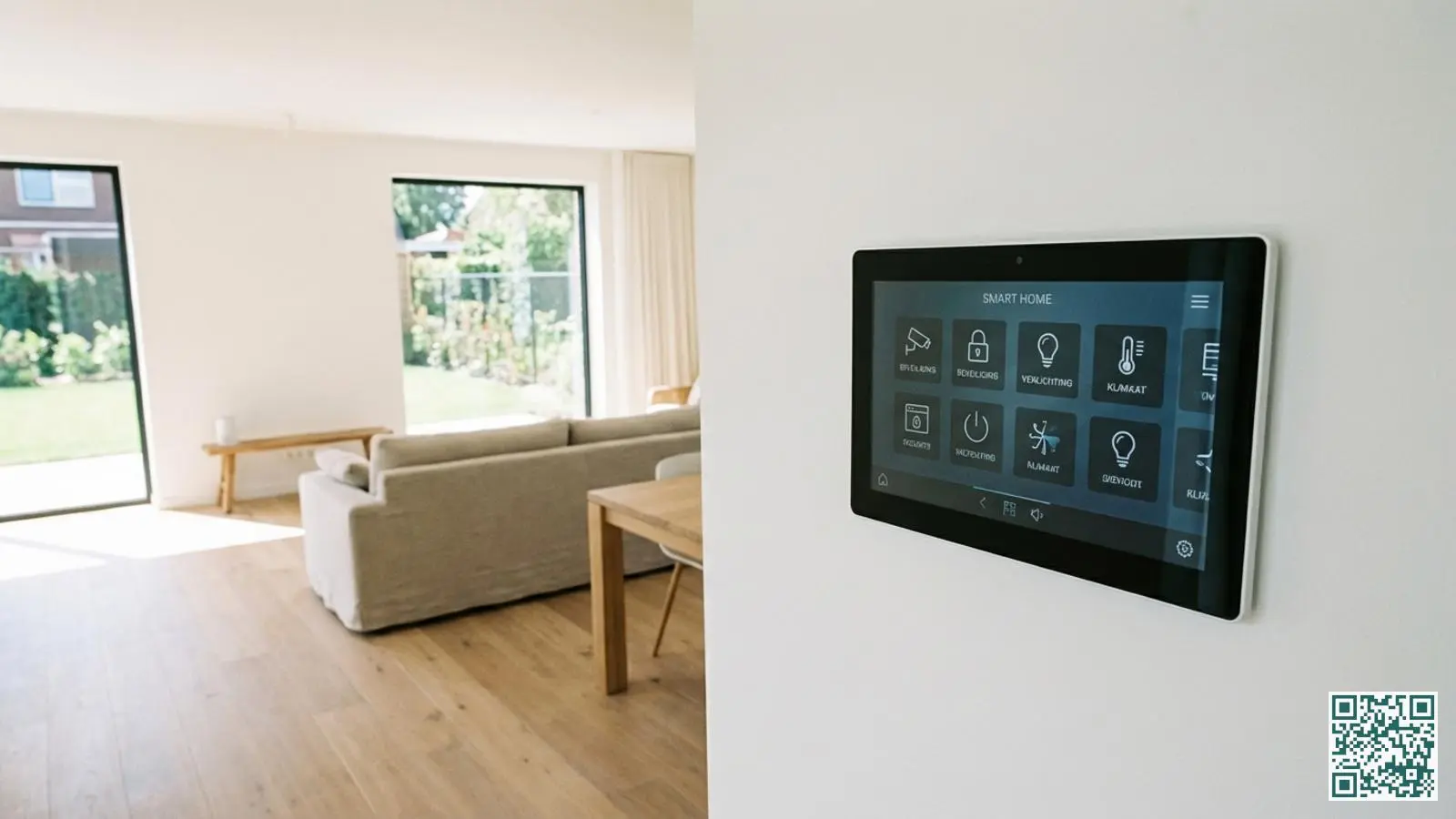 Modern smart home bedieningspaneel aan de muur van een strak afgewerkte nieuwbouwwoning met touchscreen bediening
