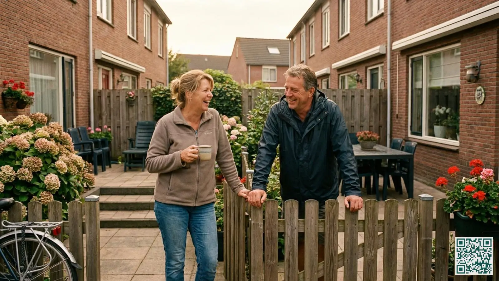 Twee buren in vriendelijk gesprek bij een laag tuinhek tussen achtertuinen van rijtjeshuizen